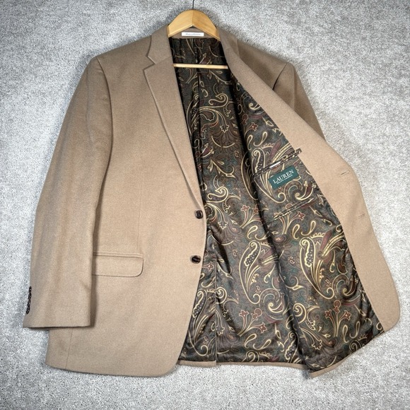 Lauren Ralph Lauren Blazer Men's 46R Wool Silk Cashmere Sport Coat Khaki Tan - Picture 1 of 12